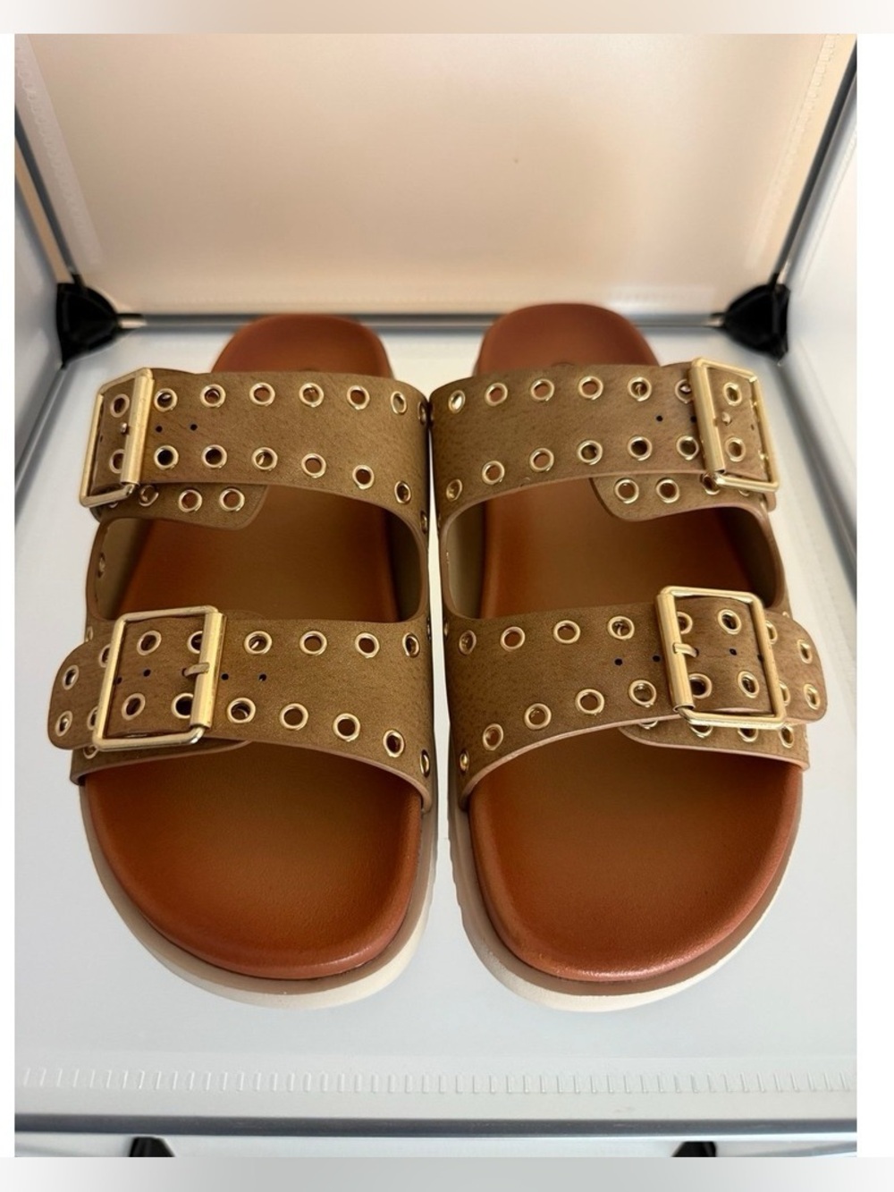 Forever Link Comfort Women's Double Strap Studded Platform Sandals Tan 5.5